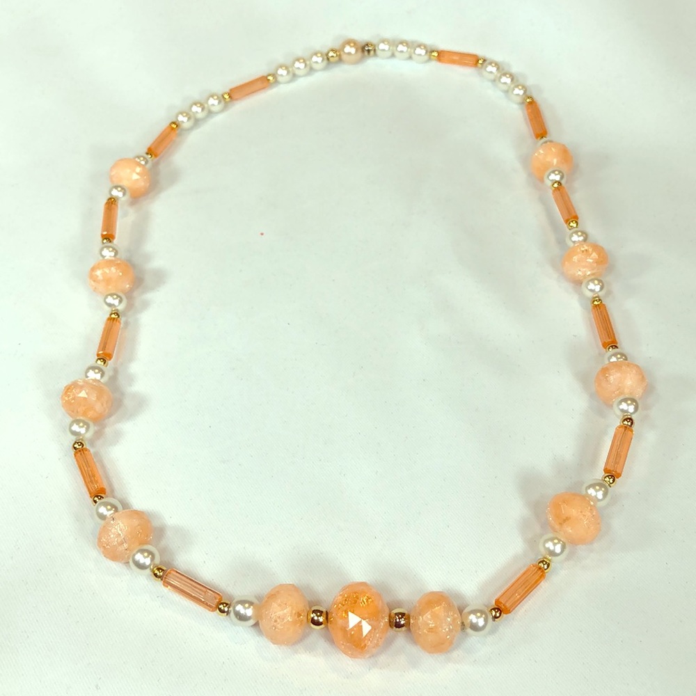 Vintage Faux Pearl & Peach Bead Necklace 25”